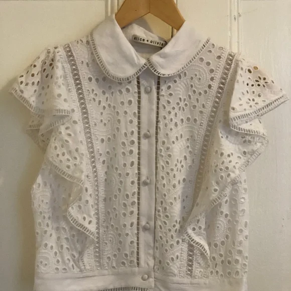 COPY - Alice + Olivia White Eyelet Short Sleeve Button Up - Picture 2 of 5